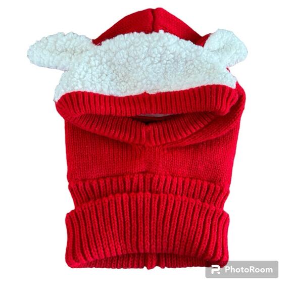 Red Lamb Knitted Winter Hat Hood Scarf Face Guard Toddler - Picture 2 of 7